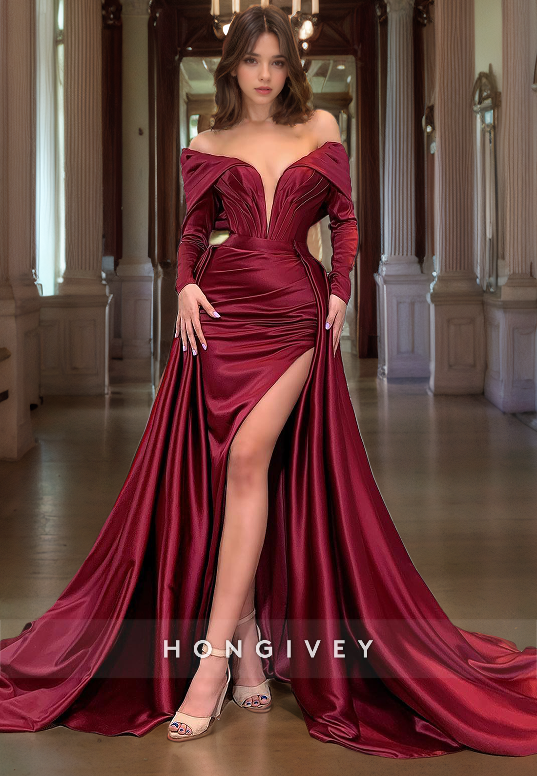 Trumpt/Mermaid Off Shoulder Court Train Sleek Burgundy Satin Prom Dress