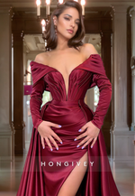 Trumpt/Mermaid Off Shoulder Court Train Sleek Burgundy Satin Prom Dress