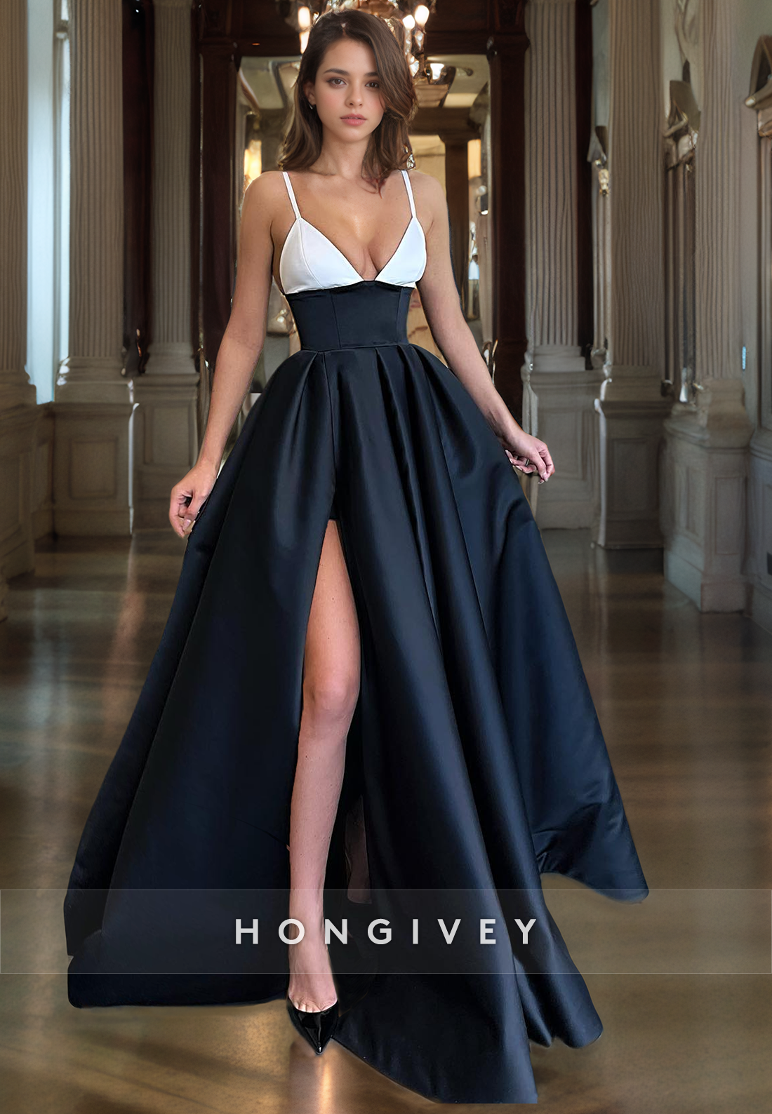 A-Line Low-V-Neck Floor-Length Satin Prom Dress with High Slit and Pockets