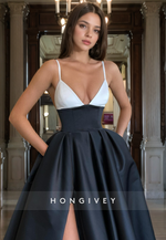 A-Line Low-V-Neck Floor-Length Satin Prom Dress with High Slit and Pockets