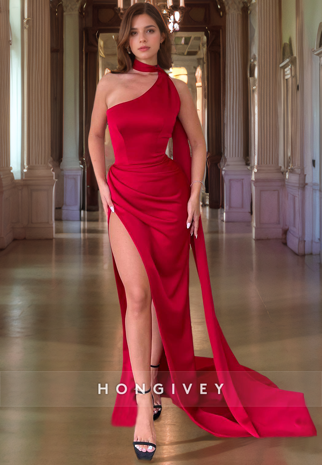 Sheath/Column One Shoulder Court Train Red Satin Prom Dress with High Slit