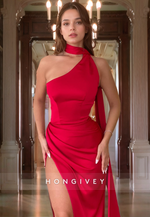 Sheath/Column One Shoulder Court Train Red Satin Prom Dress with High Slit