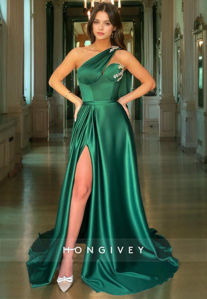 A-Line One Shoulder Beaded Satin Prom Dress with High Slit