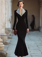 Elegant V-Neck Lapel-Detail Long Sleeves Mermaid Evening Dress