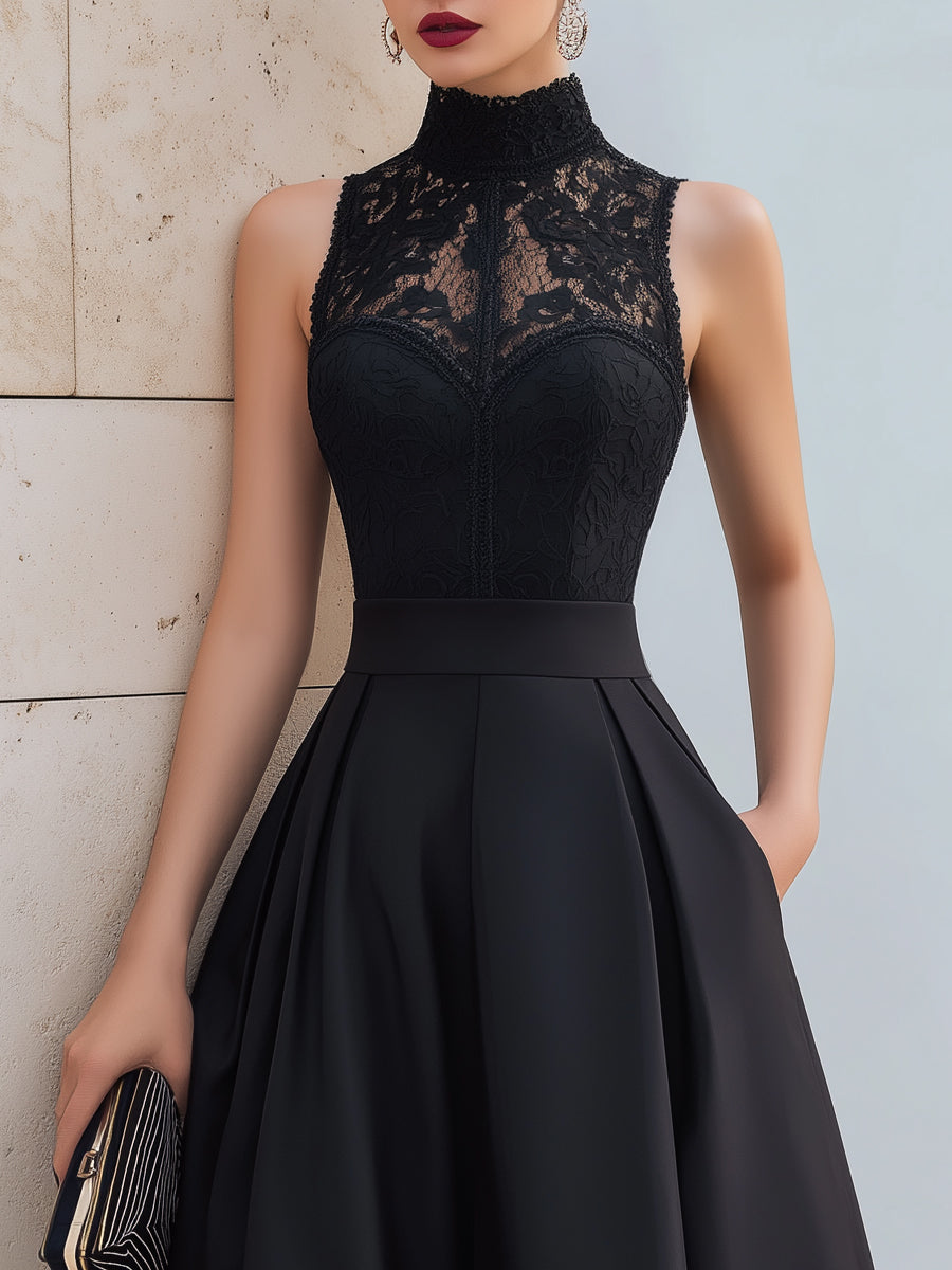 High-Neck Lace Bodice A-Line Midi Dress
