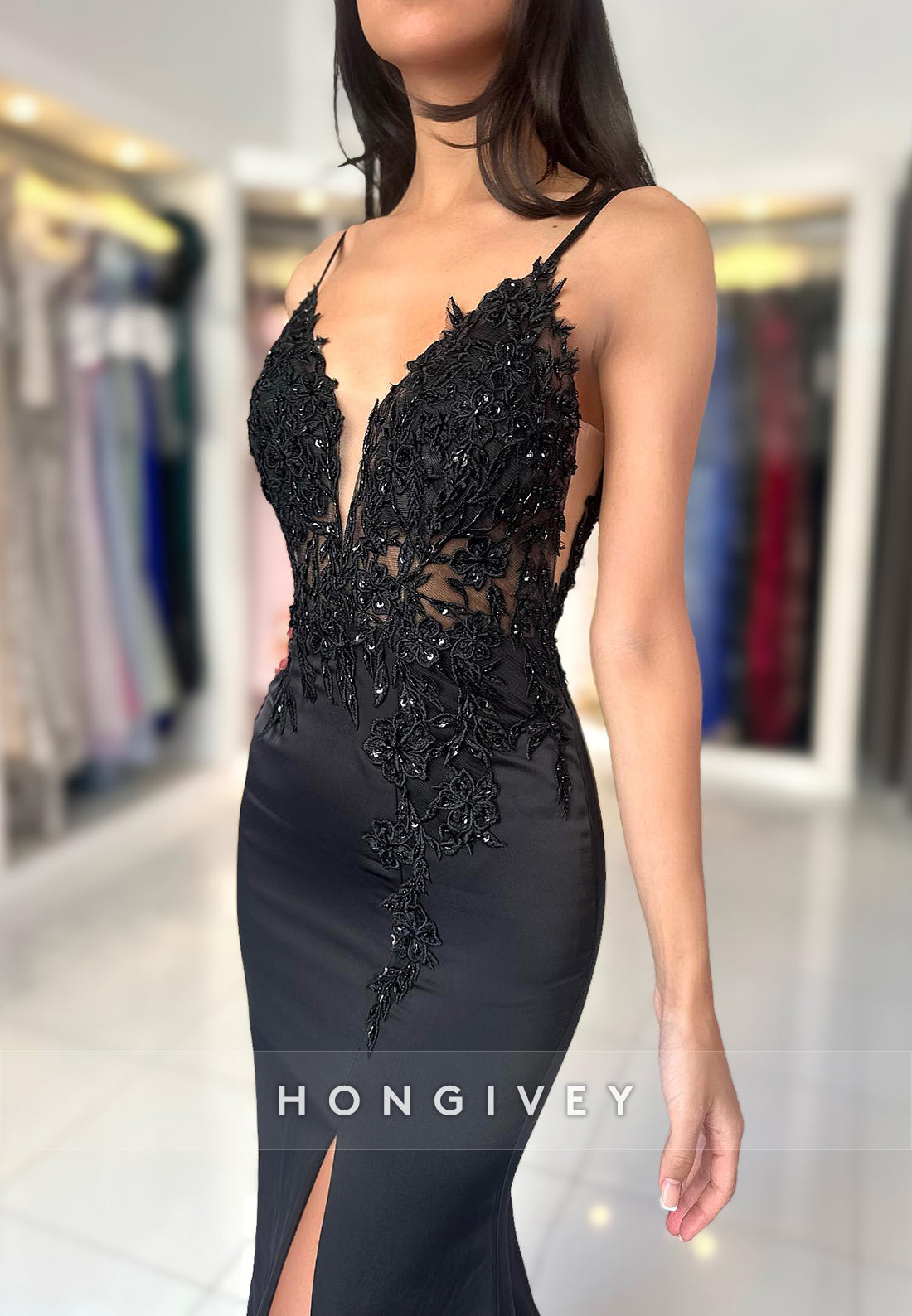 Sexy Black V-Neck Sheer Open Back Mermaid Evening Dress Gown HONGIVEY