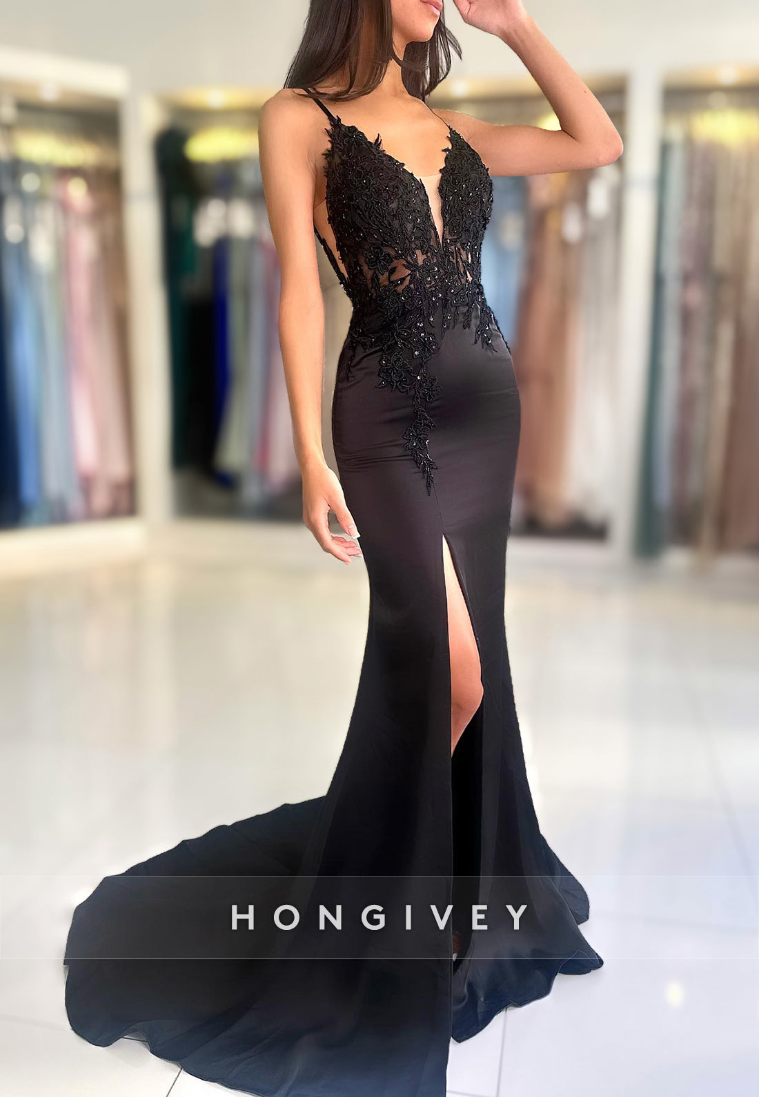 Sexy Black V-Neck Sheer Open Back Mermaid Evening Dress Gown HONGIVEY