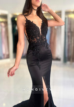 Sexy Black V-Neck Sheer Open Back Mermaid Evening Dress Gown HONGIVEY