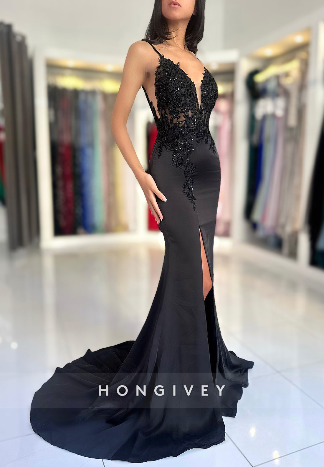 Sexy Black V-Neck Sheer Open Back Mermaid Evening Dress Gown HONGIVEY