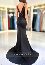 Sexy Black V-Neck Sheer Open Back Mermaid Evening Dress Gown HONGIVEY