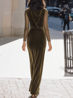 Olive Velvet Gown With Sheer Sleeves