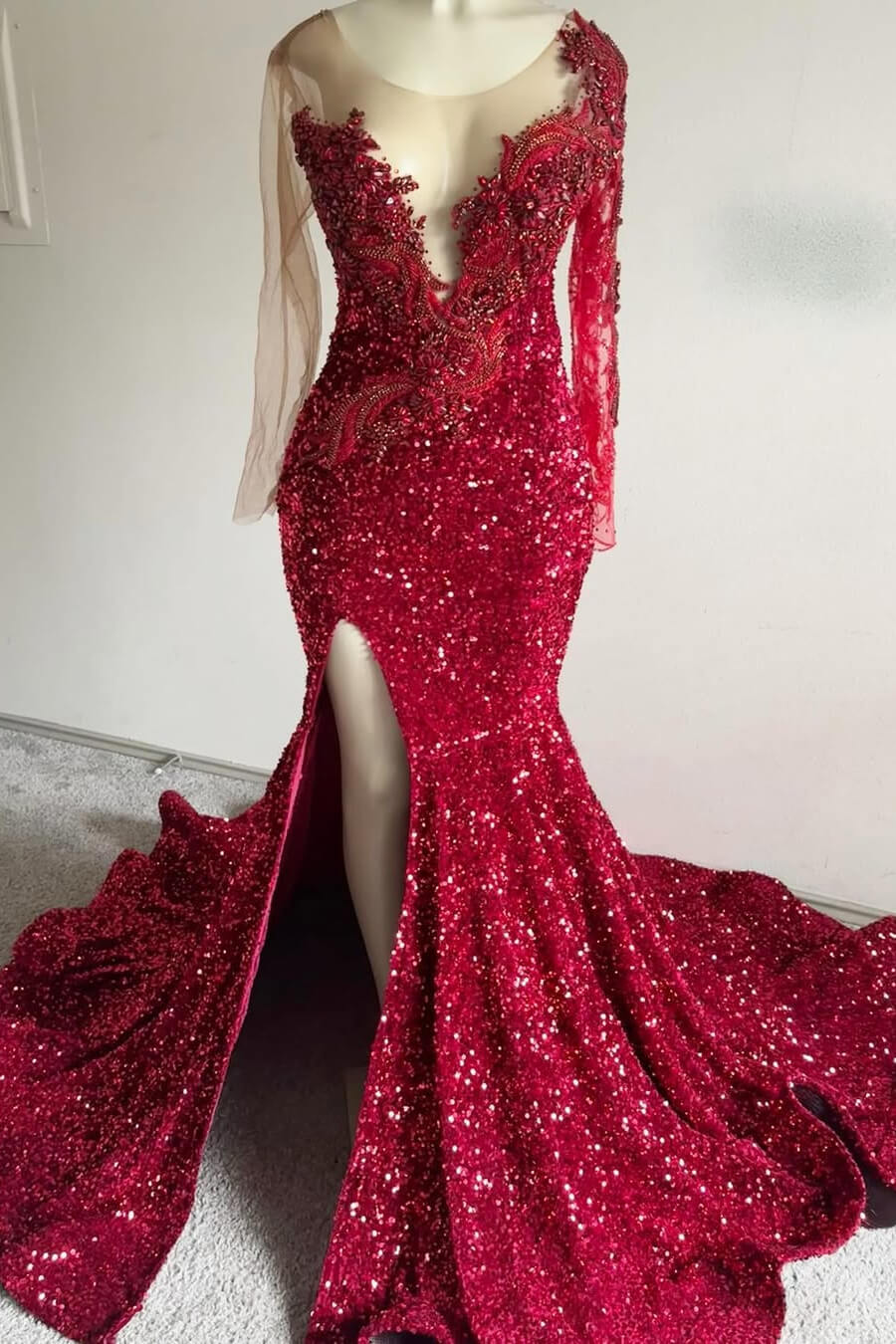 Modern Burgundy Scoop Long Sleeves Sequins Prom Dress Mermaid Split With Beadings