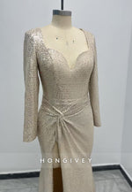 HONGIVEY Sparkle Champagne Long Sleeves Mermaid Formal Evening Dress Prom Gown