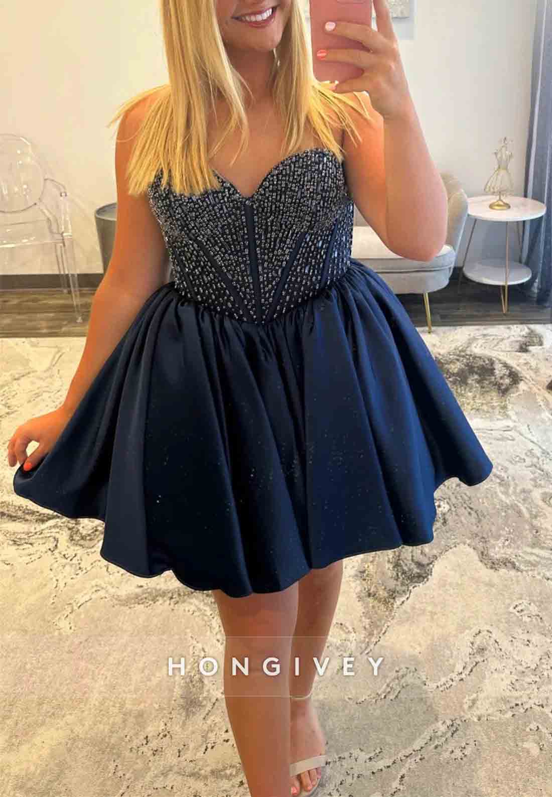 Satin Short Homecoming Dress with Beaded Corset Bodice and Sweetheart Neckline