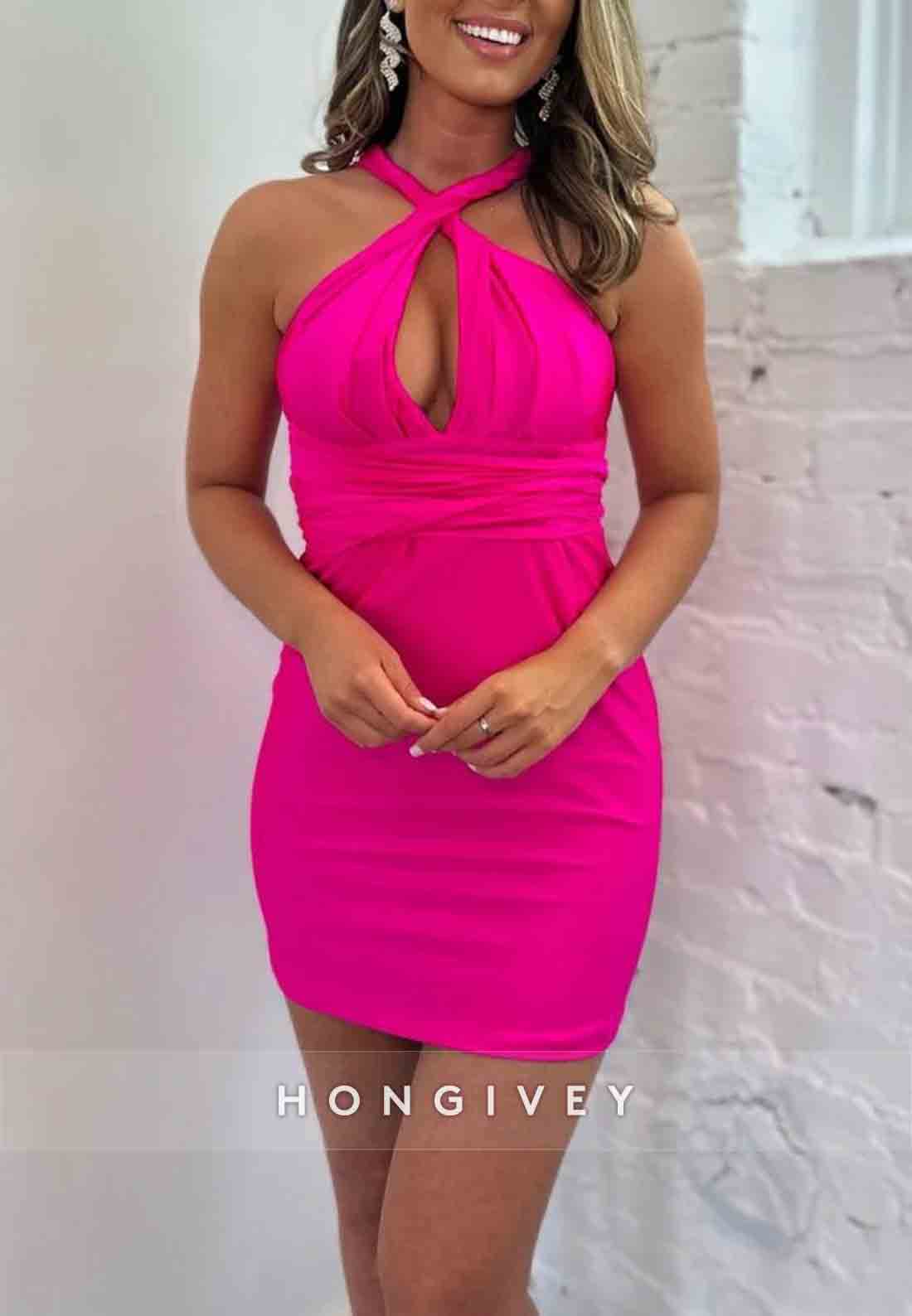 Low V-Neck Mini Sheath Tie Back Sleeveless Homecoming Dresses with Bowknot