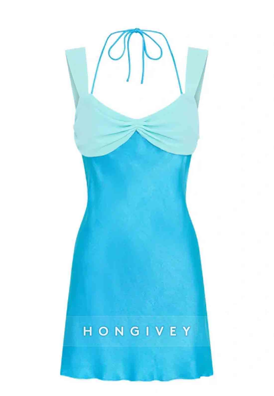 Tie Back Halter Sleeveless Satin Regular Straps Pleated Mini Homecoming Dresses