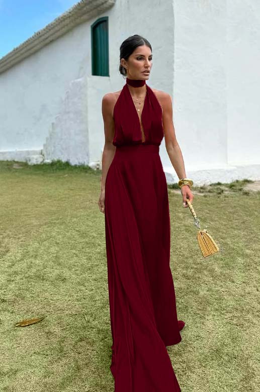 Charming Sleeveless Halter V Neck Long Prom Dress With Pleated