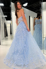 A-Line Strapless Light Blue Sequins Long Prom Dresses with 3D Flower Appliques