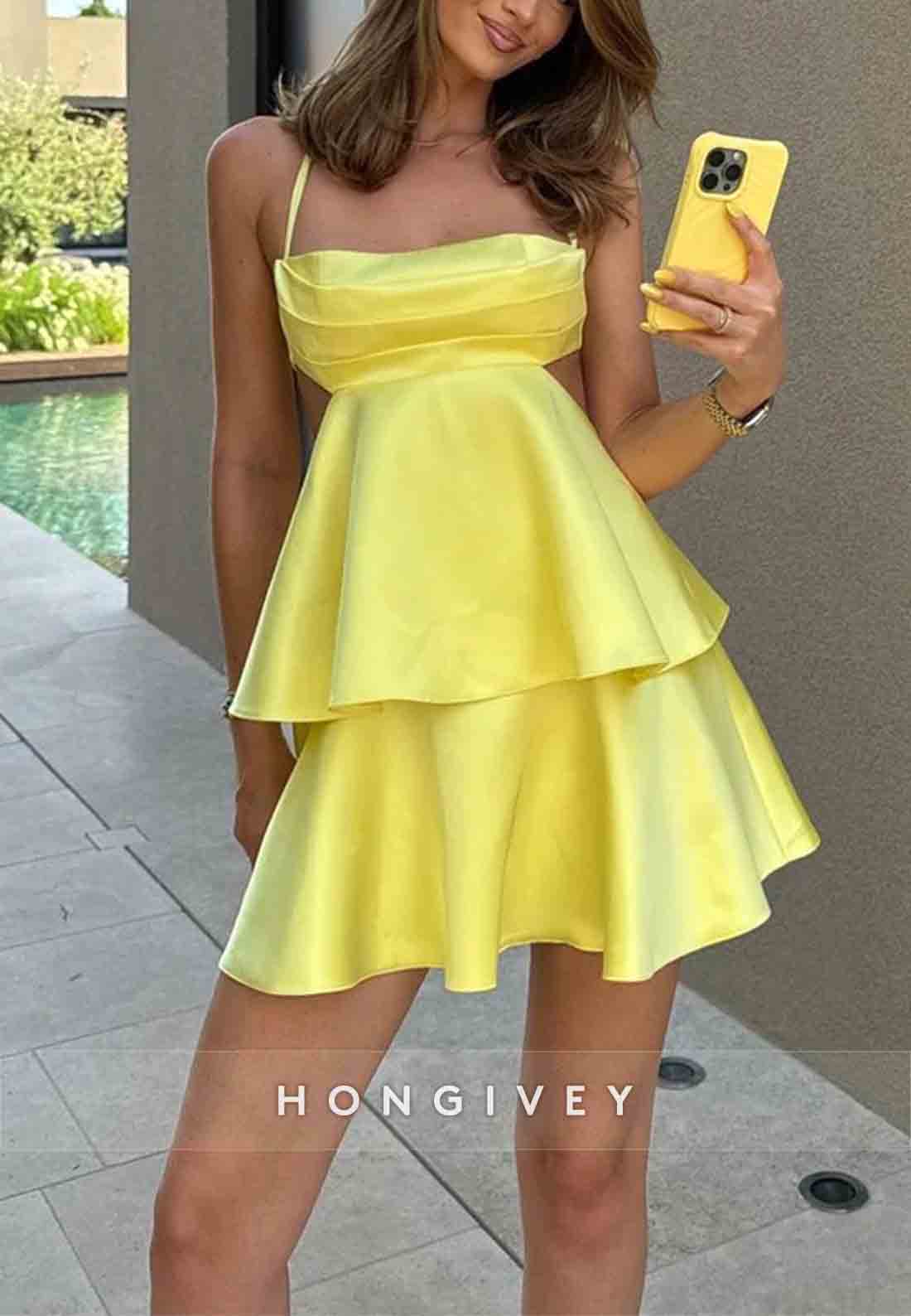 Mini A-Line Satin Pleated Crisscross Back Regular Straps Homecoming Dresses