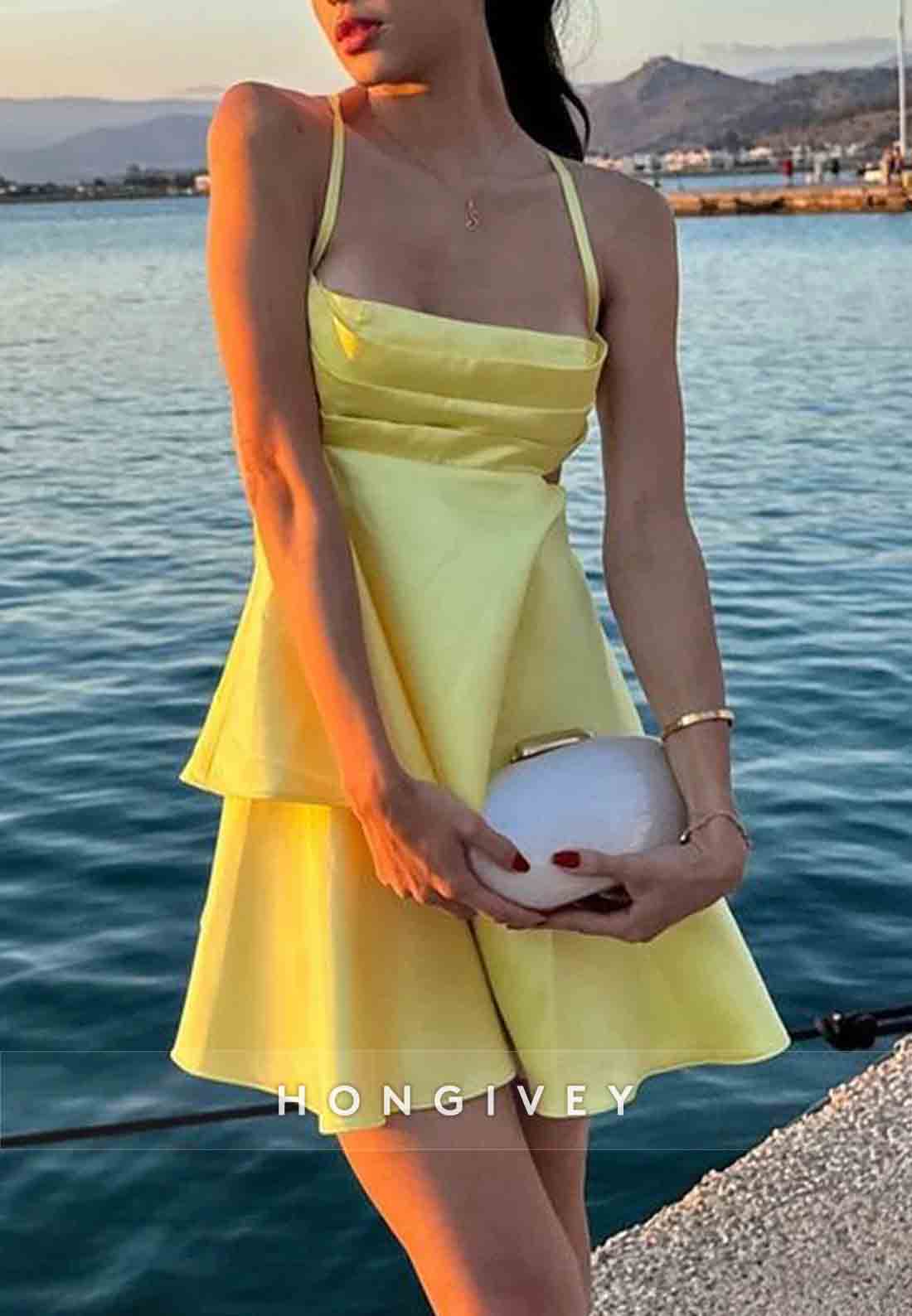 Mini A-Line Satin Pleated Crisscross Back Regular Straps Homecoming Dresses