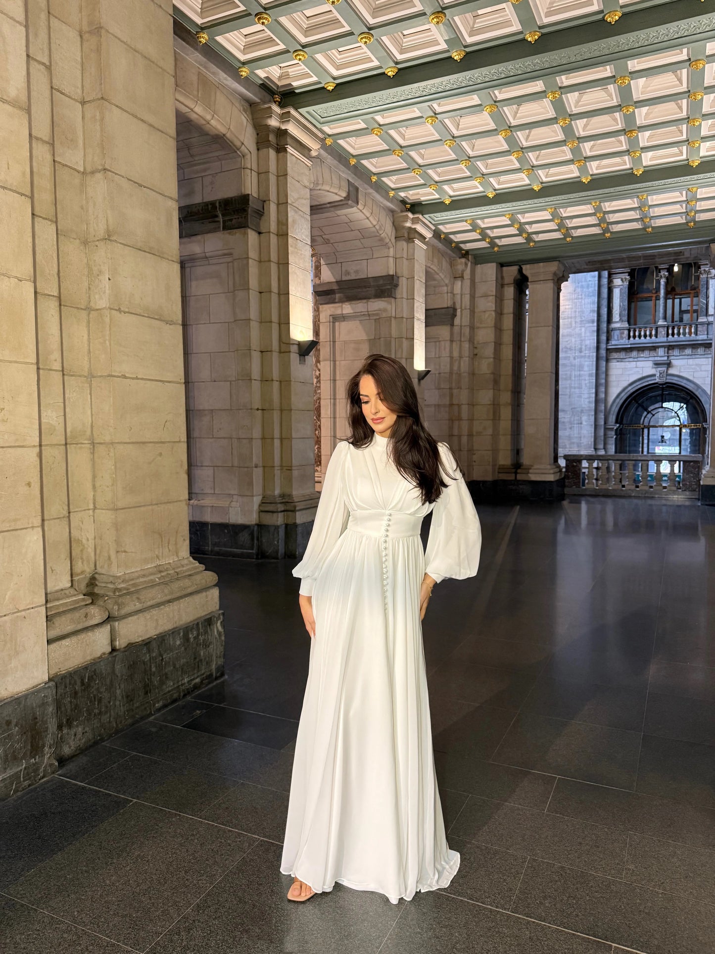 Elegant High Neck Putty Long Sleeve Button A-Line Floor-Length Evening Dress