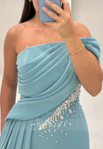 Blue Off the Shoulder Floor-Length Side Draping Evening Gowns with Slit