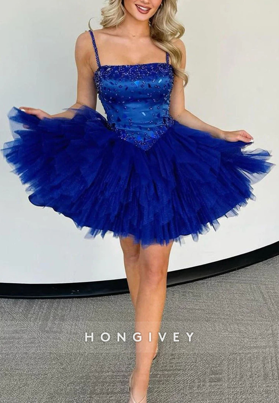 Royal Blue A-Line Spaghetti Straps Square Neck Short Homecoming Dress with ruffles