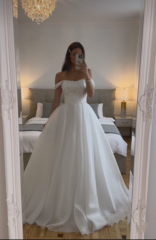 White Off The Shoulder Wedding Dresses A Line Long Bridal Gowns