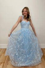 A-Line Sweetheart Light Blue Sequin Appliques Long Prom Dresses