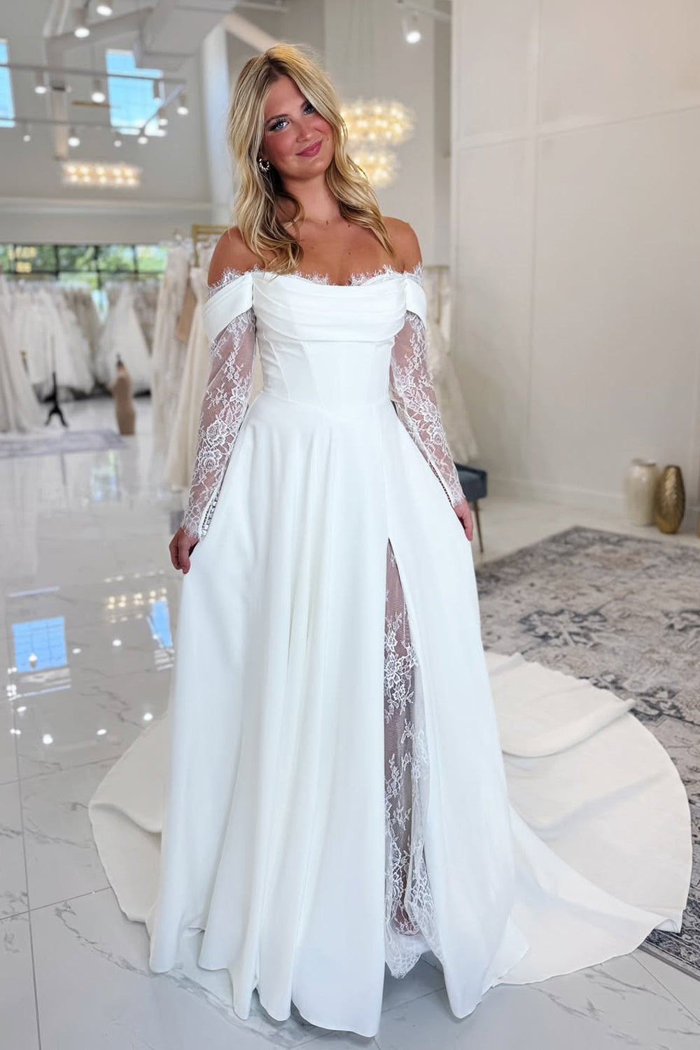 Bohemian A Line Off the Shoulder Satin Lace Wedding Dress