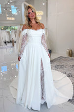 Bohemian A Line Off the Shoulder Satin Lace Wedding Dress