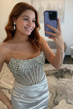 Charming Mermaid Sweetheart Silver Satin Prom Dress with Beading