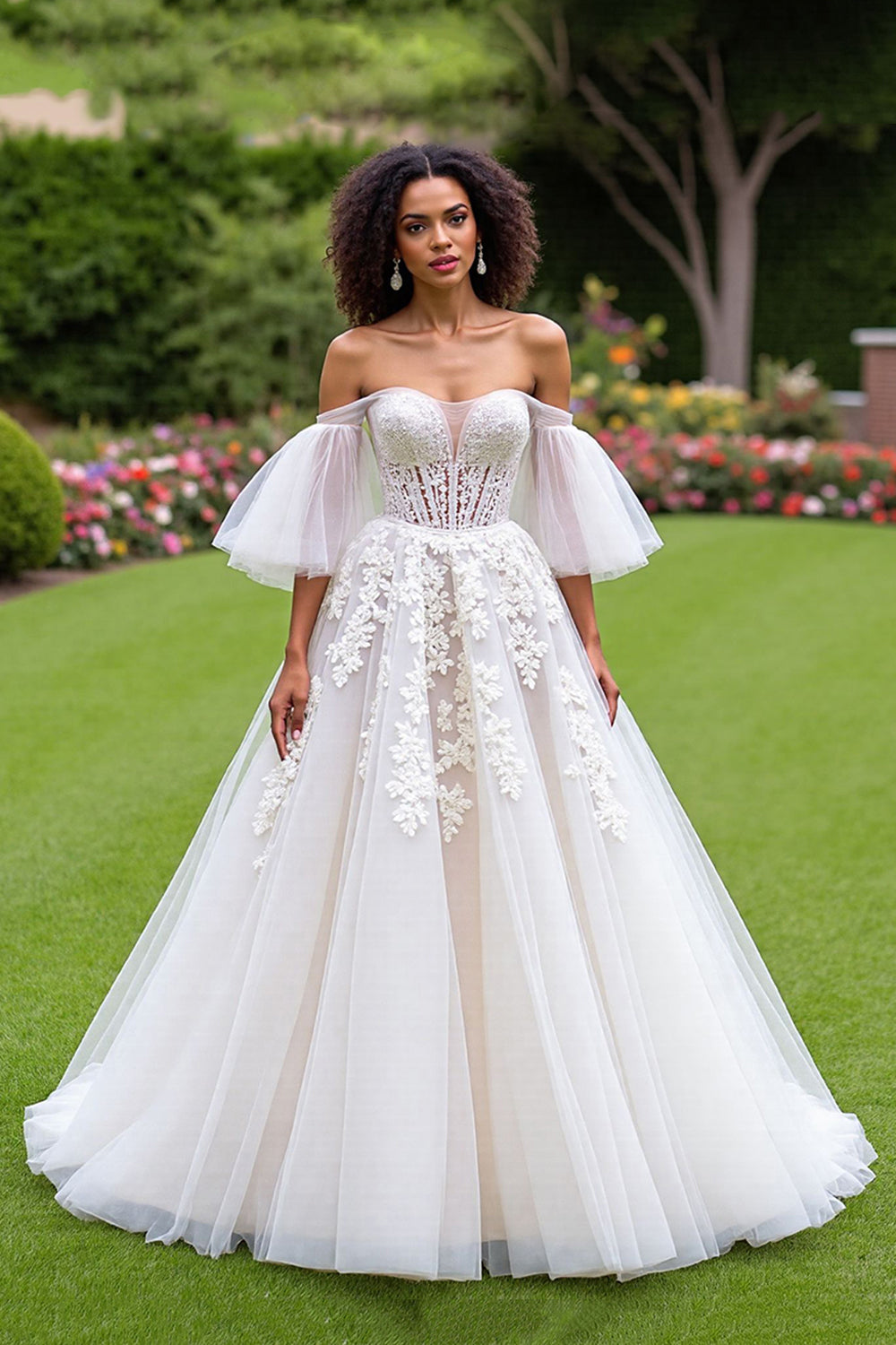 Ruffles Sleeves Off-the-Shoulder Princess Tulle Wedding Dress Sweetheart With Appliques