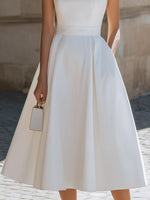 White Sleeveless Collared Fit-and-Flare Midi Dress With Pockets