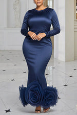 Plus Size Formal Navy Blue Round Neck Long Sleeve 3D Elegant Mermaid Satin Maxi Dresses