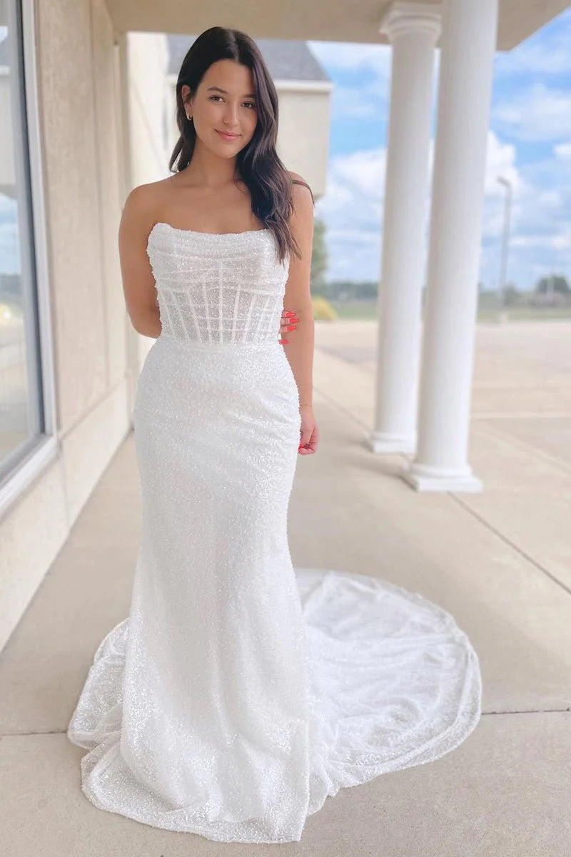 Glitter Mermaid Scoop Neck Sequins Wedding Dress