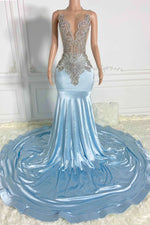 Sky Blue Scoop Sleeveless Mermaid Prom Dress With Crystal