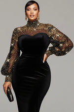 Plus Size Cocktail Party Black Mock Neck Lantern Sleeve Long Sleeve See Through Elegant Bodycon Velvet Midi Dresses [Pre-Order]