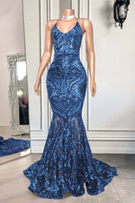 Hidais Mermaid Spaghetti Strap Sleeveless Royal Blue Long Prom Dress With Sequins