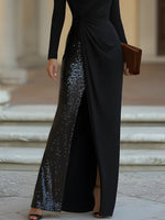 Draped Long Sleeves Cowl-Neck Sequin-Panel Evening Gown