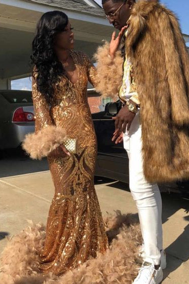 Hidais Stunning Long Sleeves Mermaid Prom Dress Trumpet With Appliques Feathers