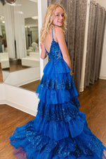 Cute A Line V Neck Royal Blue Tiered Tulle Prom Dress with Appliques