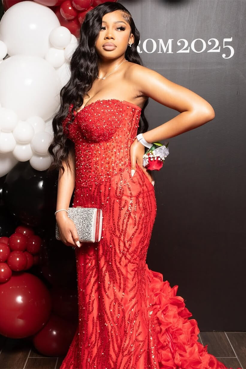 Red Sweetheart Sleeveless Mermaid Prom Dress With Sequins Beadings Ruffles