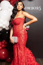 Red Sweetheart Sleeveless Mermaid Prom Dress With Sequins Beadings Ruffles
