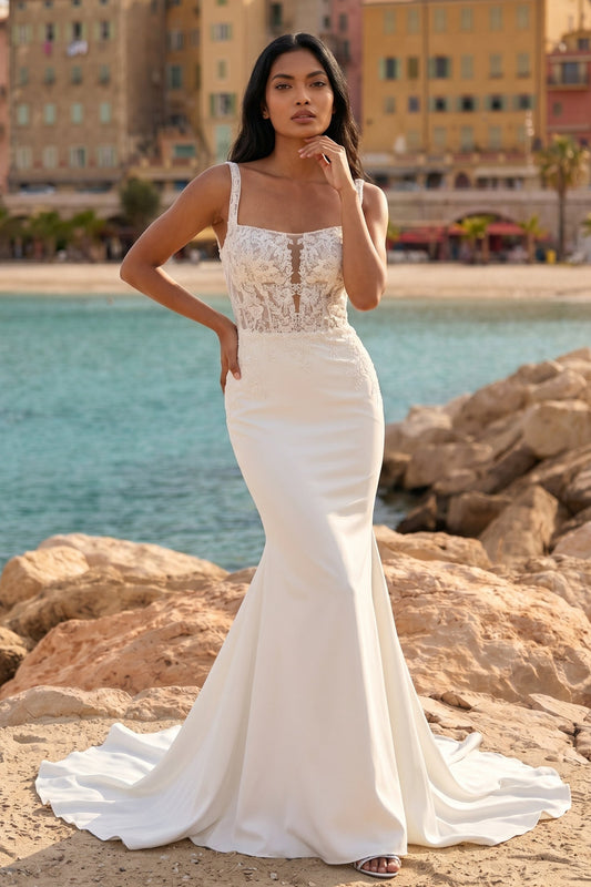 Spaghetti Straps Applique Backless Mermaid Floor-Length Wedding Dress