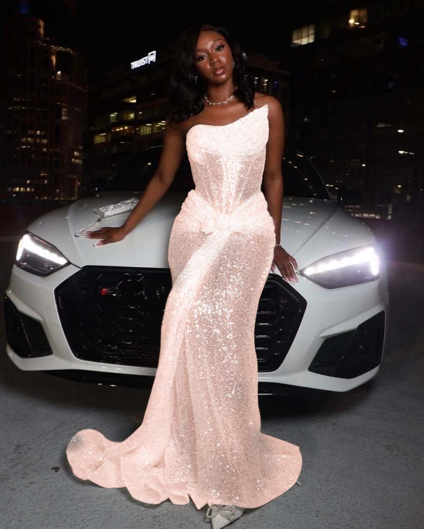 Hidais Tulle Asymmetric Strapless Sleeveless Long Pleated Mermaid Prom Dress With Sequins And Ruffles