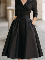 V-Neck Vintage-Inspired Satin A-Line Midi Dress With Draped Collar