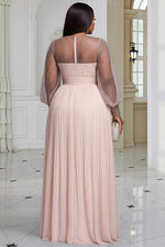 Plus Size Formal Blush Round Neck Long Sleeve Split Elegant See Through Sequin Chiffon Maxi Dresses