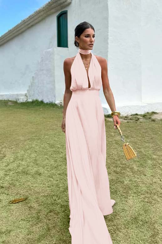 Charming Sleeveless Halter V Neck Long Prom Dress With Pleated