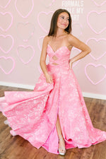 Cute A Line Sweetheart Pink Floral Printed Satin Long Prom Dress with Slit